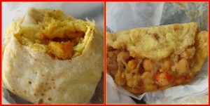 Food at Nio's: Shrimp roti on the left, doubles on the right.
